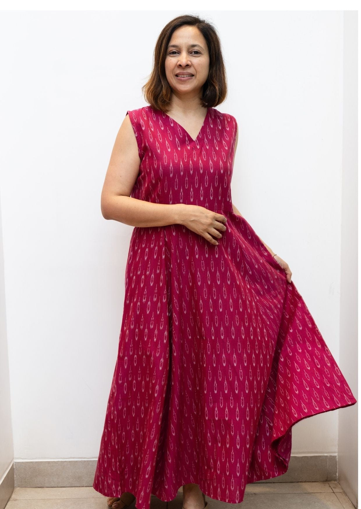 Pink Prints Fit Flair Sleeveless Cotton Dress
