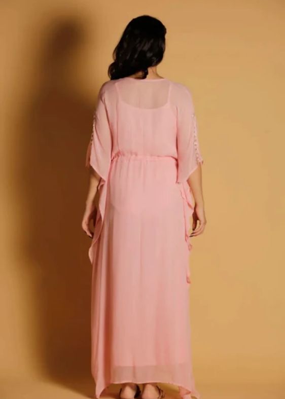 Light Pink Long Geogrette Hand Embroidered Kaftan