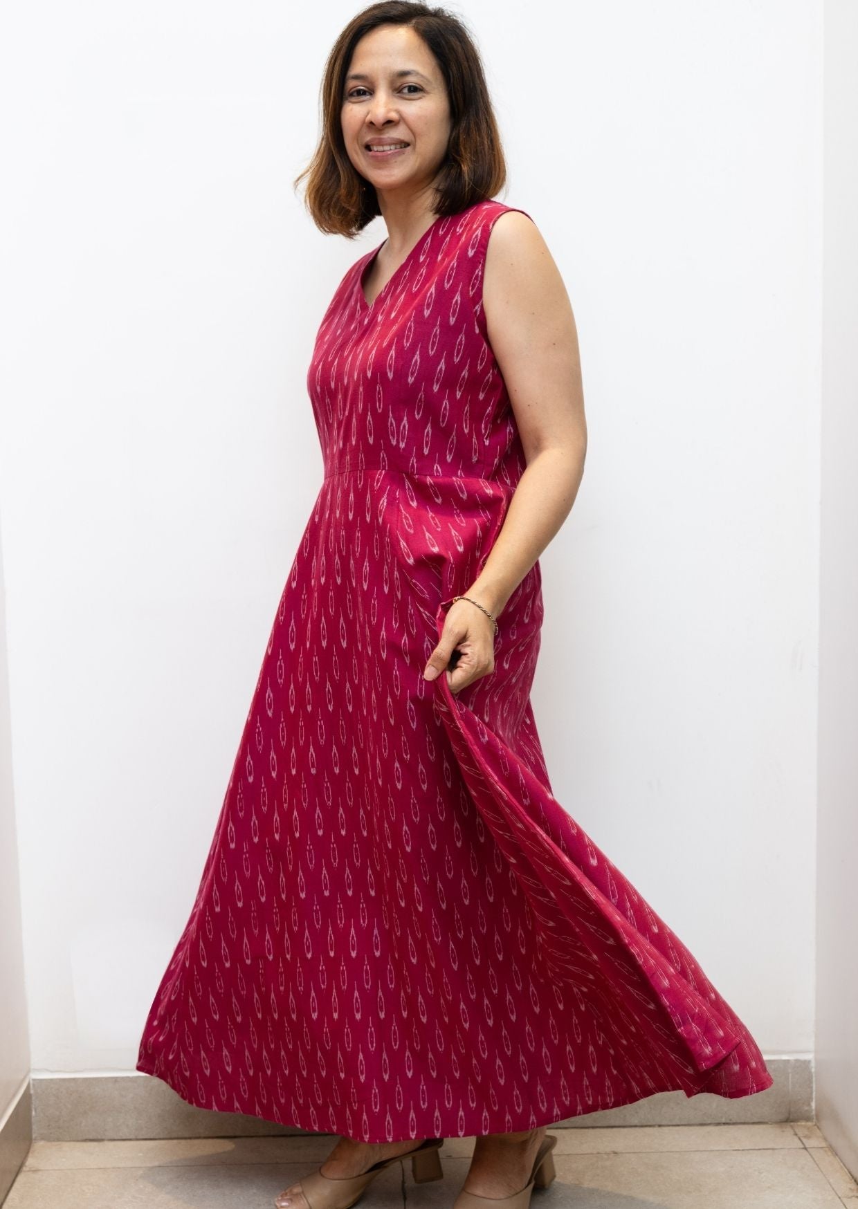 Pink Prints Fit Flair Sleeveless Cotton Dress