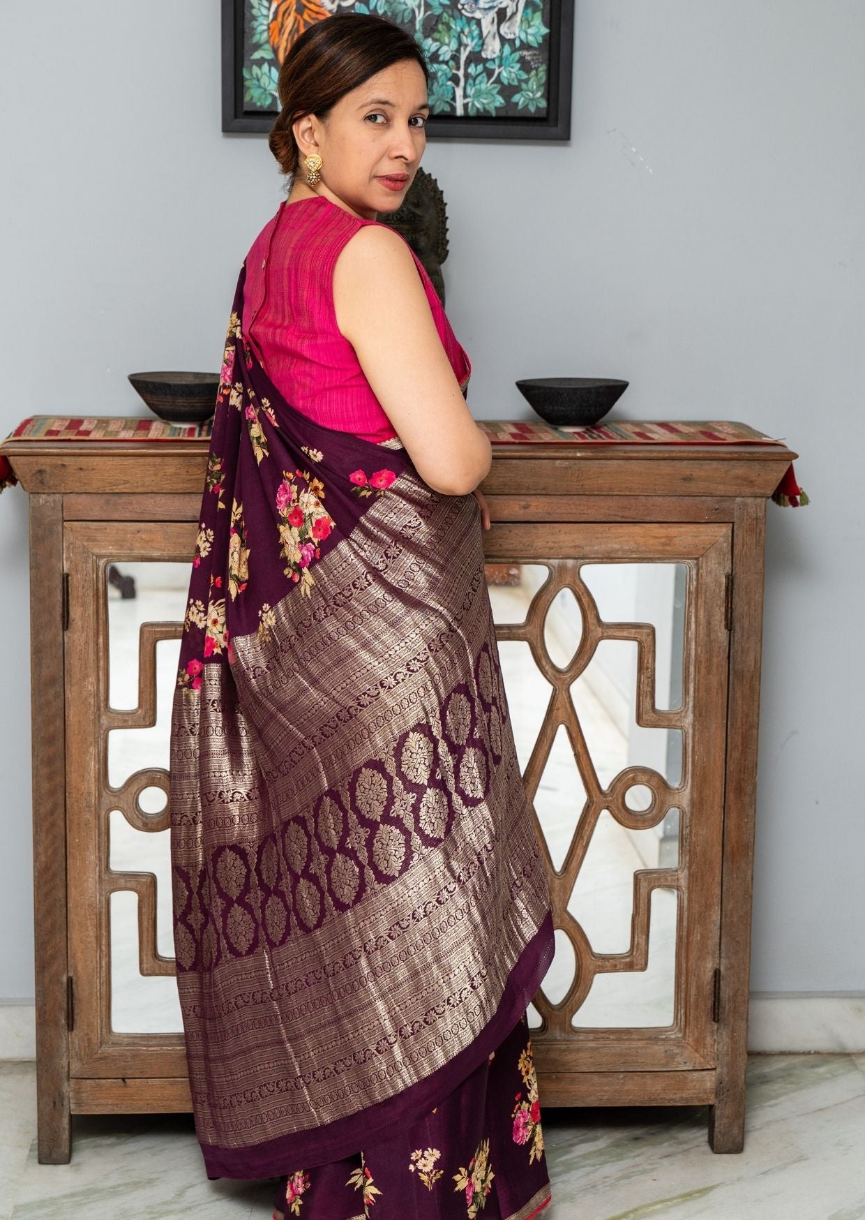 Purple Floral Printed Crepe Silk Saree