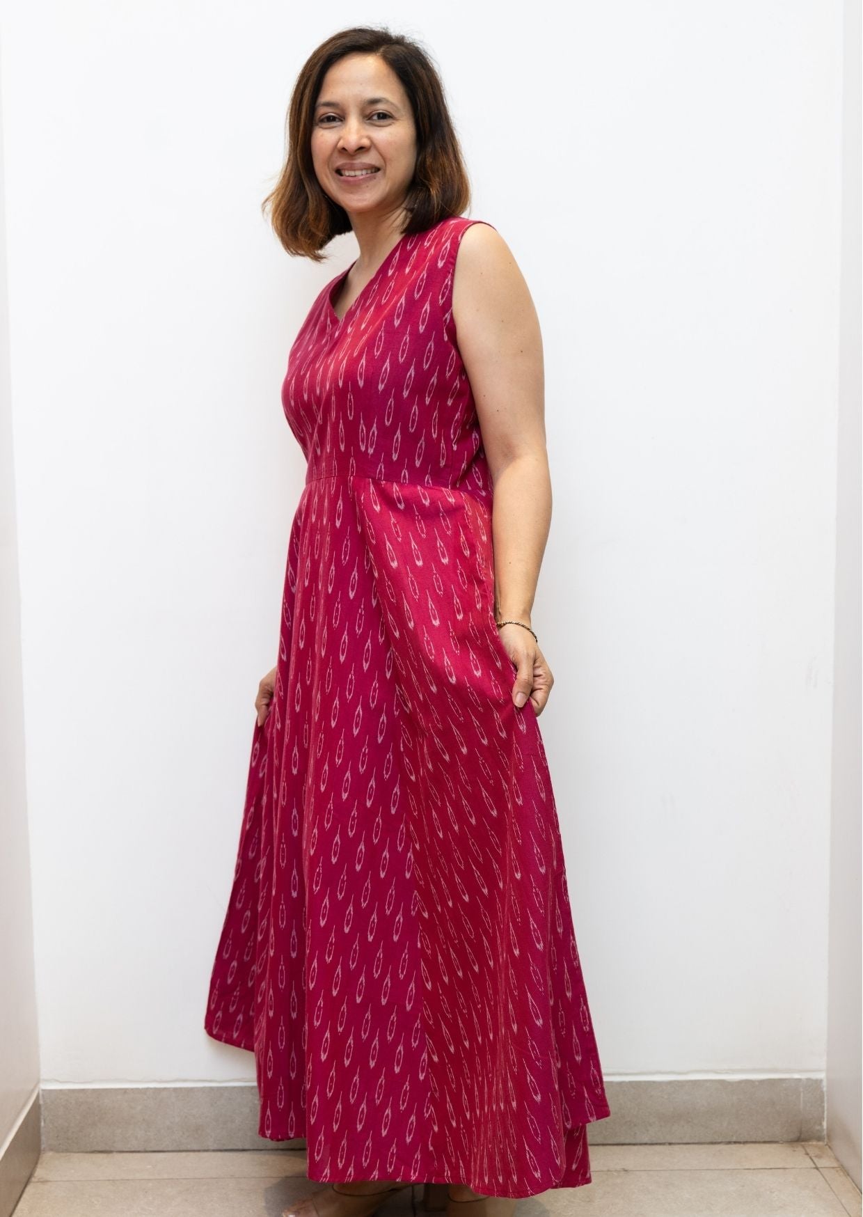 Pink Prints Fit Flair Sleeveless Cotton Dress