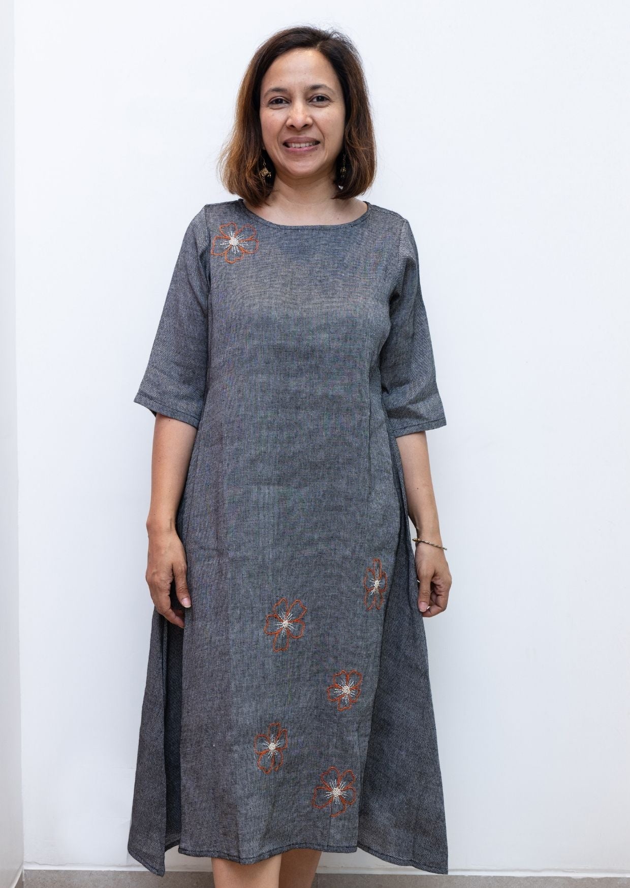 Grey Flower Embroidery Cotton Dress