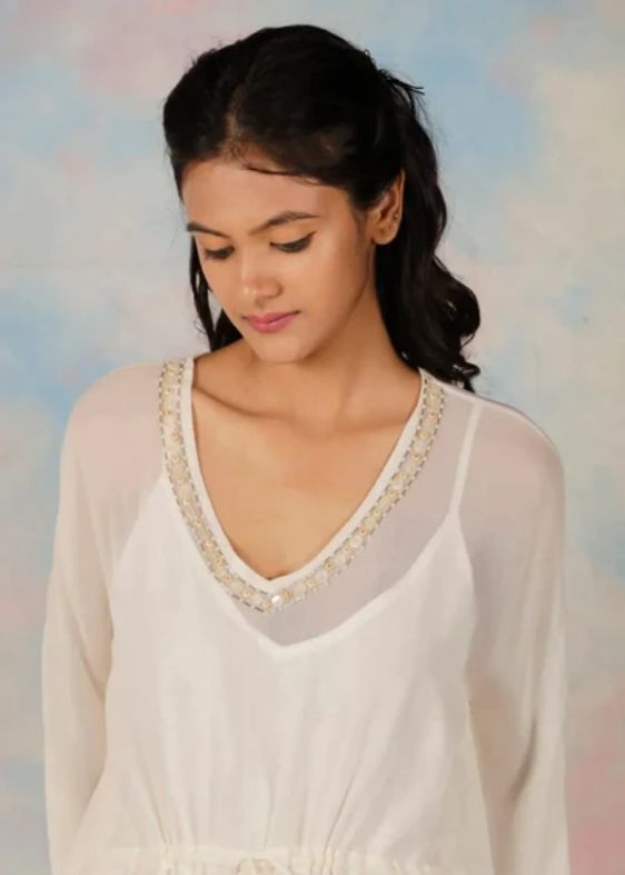 White Long Geogrette Hand Embroidered Kaftan