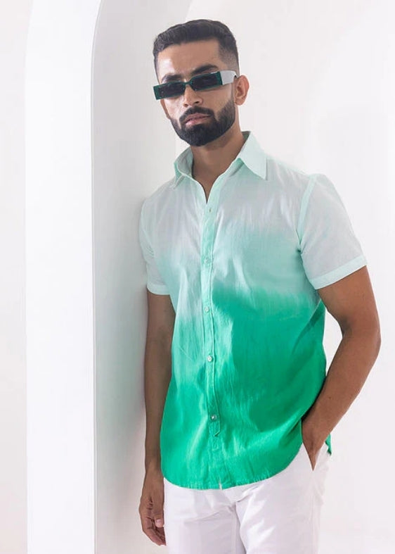 Ombre Half Sleeve Regular Cotton Shirt-Sea Green