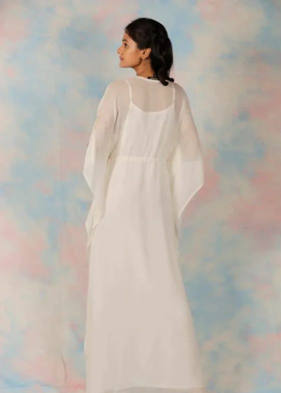 White Long Geogrette Hand Embroidered Kaftan