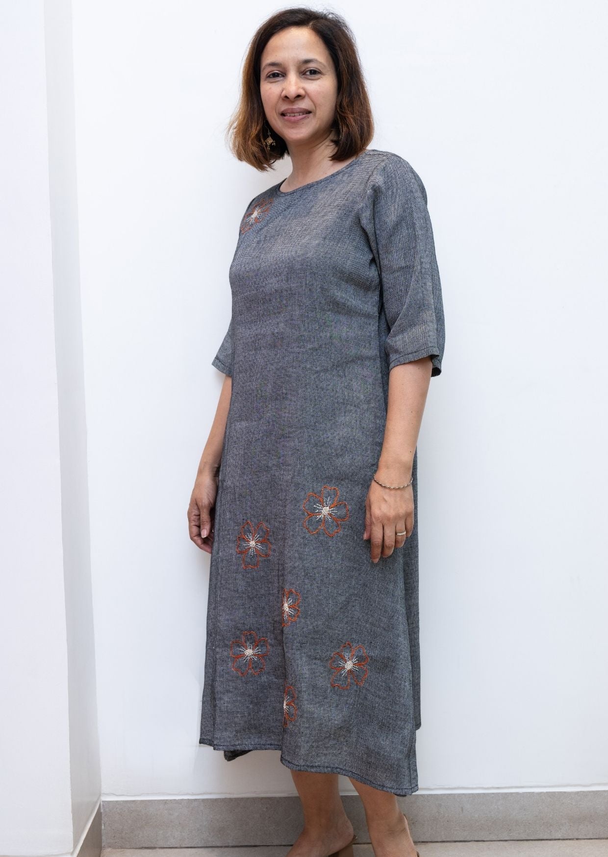 Grey Flower Embroidery Cotton Dress