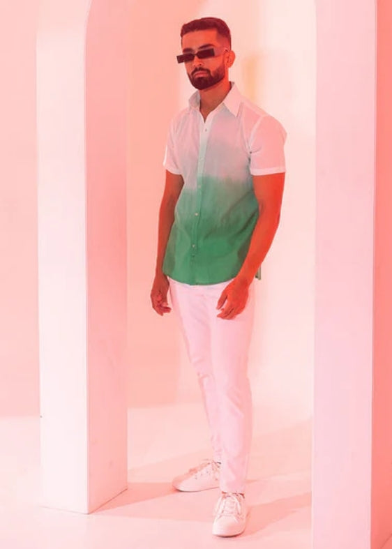 Ombre Half Sleeve Regular Cotton Shirt-Sea Green