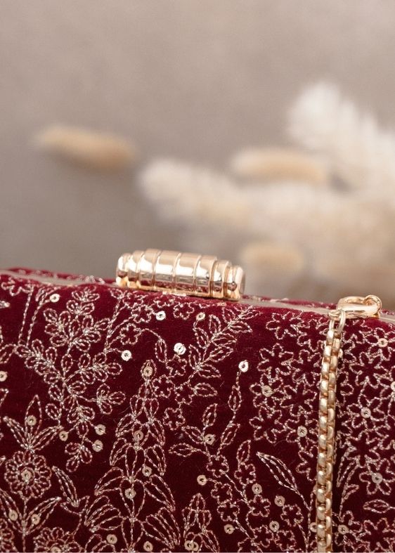 Thea velvet embroidered clutch - maroon
