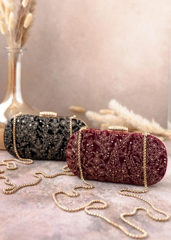 Thea velvet embroidered clutch - maroon