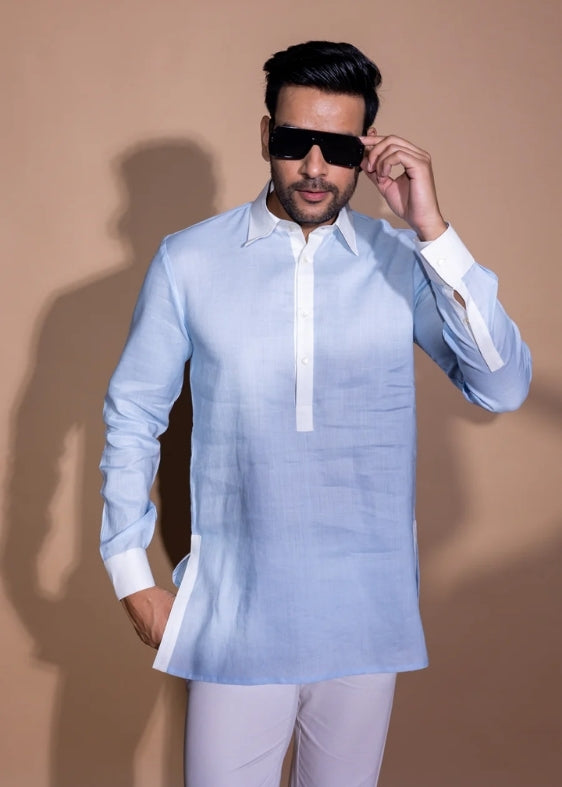 Pure Linen Constrast Collar Shirt- Light Blue