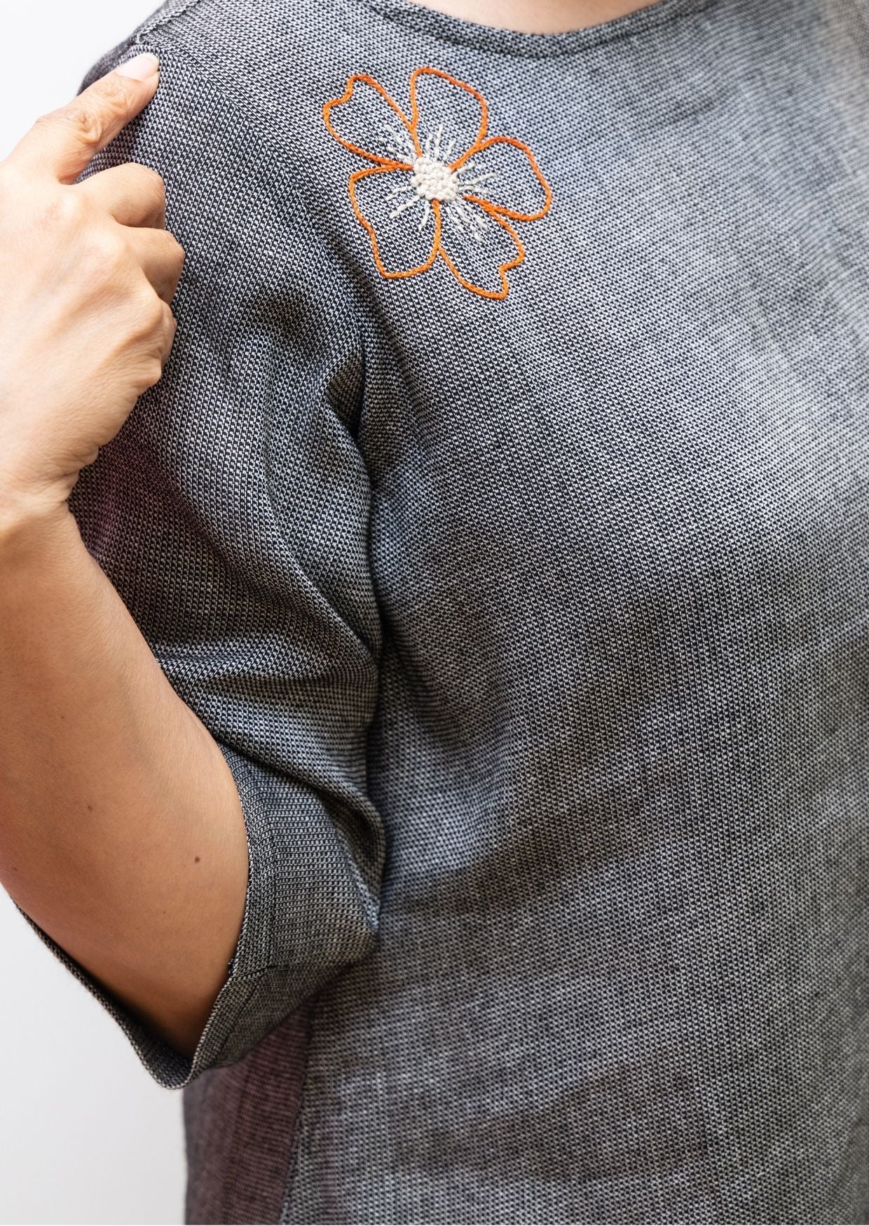 Grey Flower Embroidery Cotton Dress