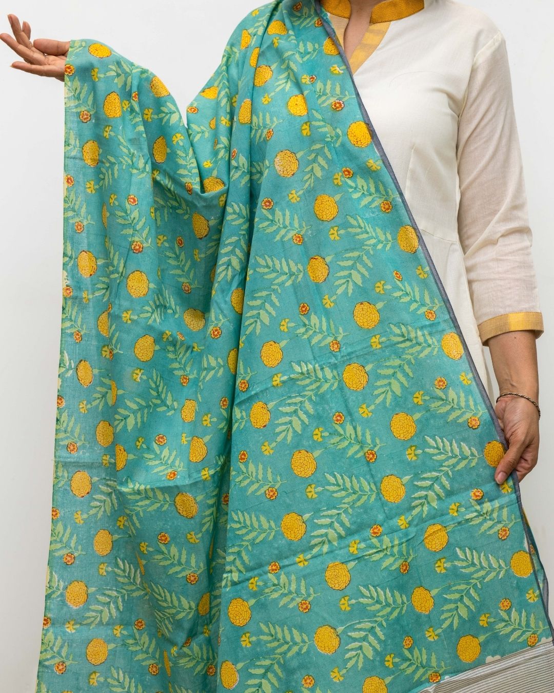 Turqoise Marigold Silk Cotton Chanderi