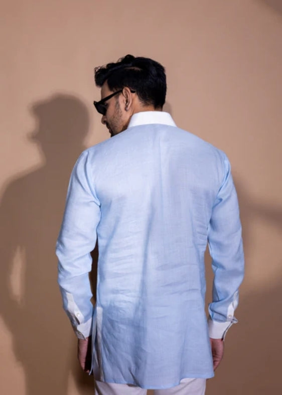 Pure Linen Constrast Collar Shirt- Light Blue