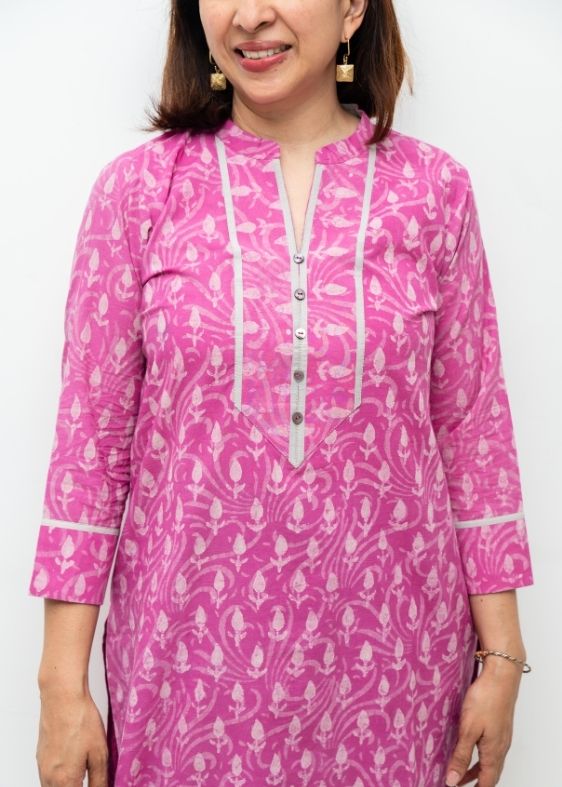 Pink Chinese Collar Cotton Kurta