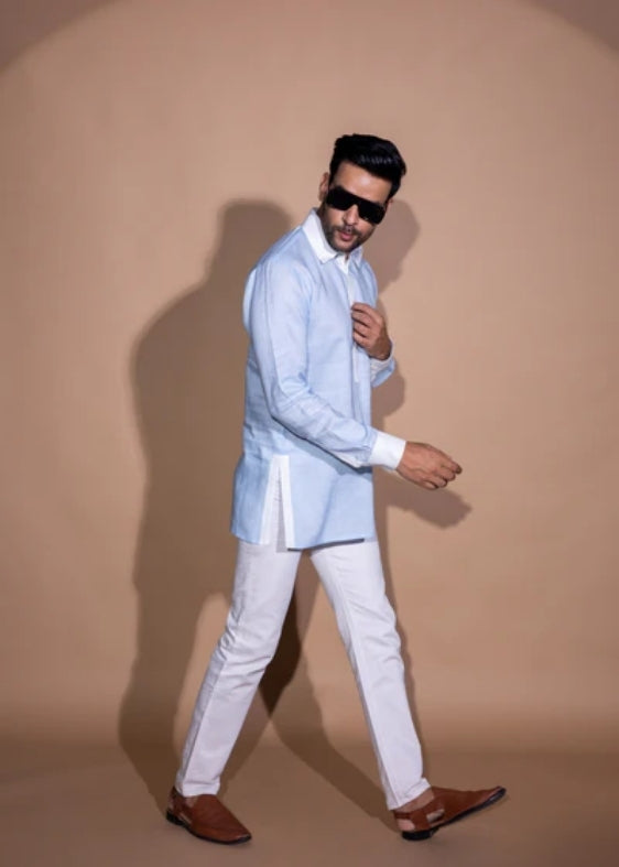 Pure Linen Constrast Collar Shirt- Light Blue