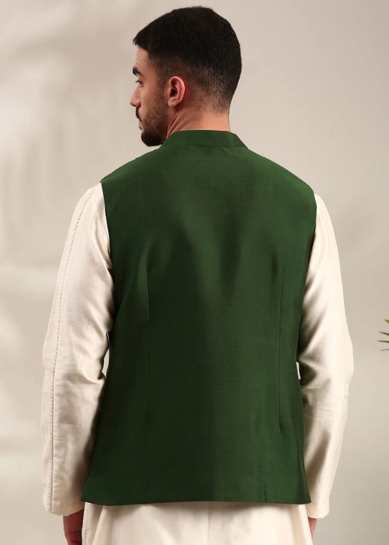 Bottle Green Cotton Silk Nehru Jacket