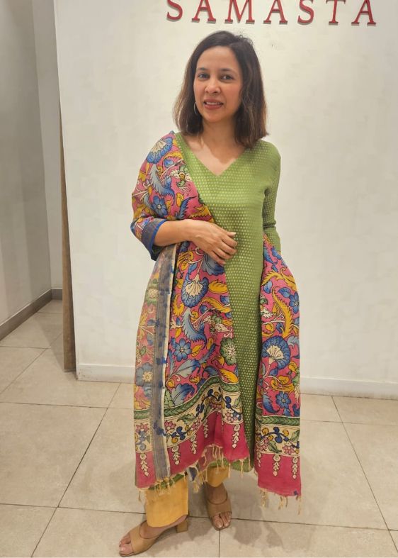 Green Brocade Crepe Silk V neck Kurta