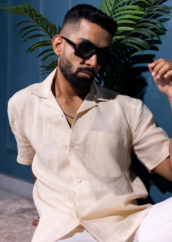 Pure Linen Half Sleeve Shirt-Beige
