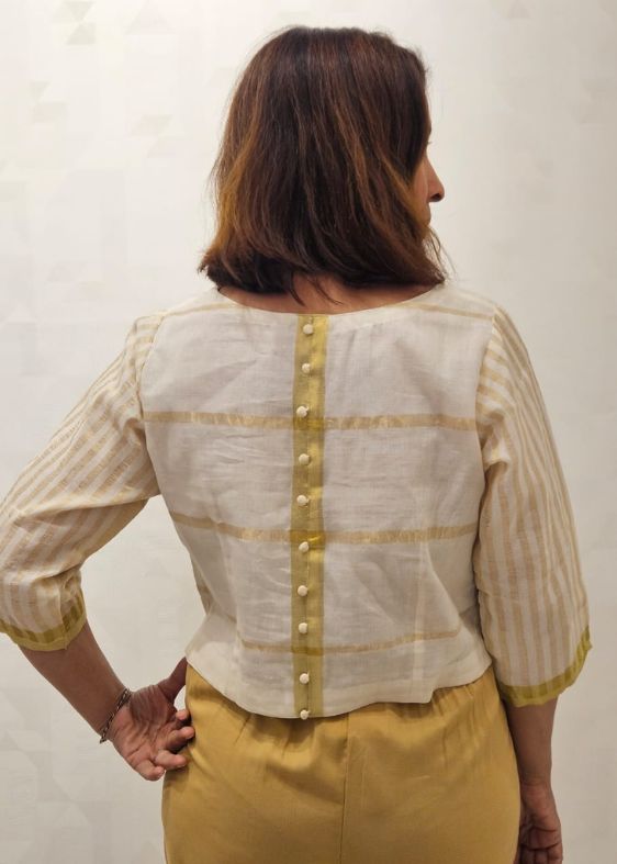 White and Gold Stripes Cotton Blouse