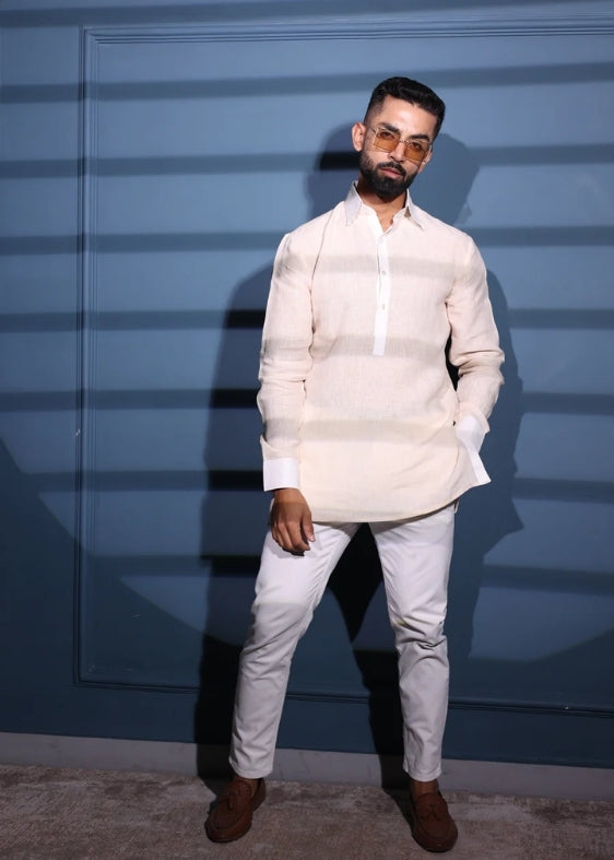 Pure Linen Constrast Collar Shirt- Beige
