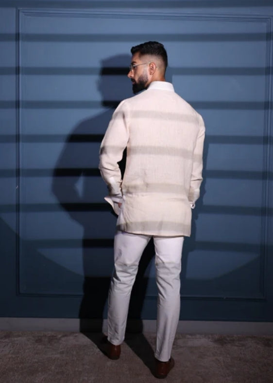 Pure Linen Constrast Collar Shirt- Beige