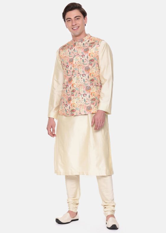 Peach Printed Muslin Nehru Jacket