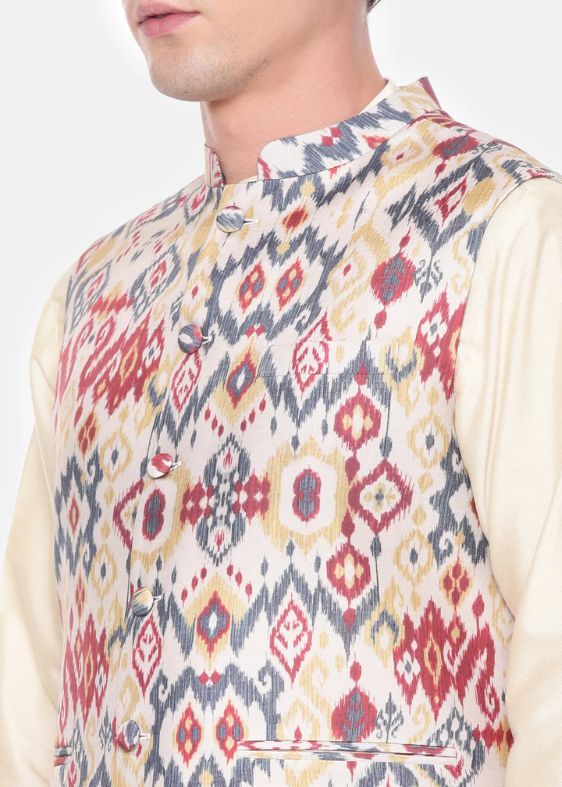 Red Beige Printed Muslin Nehru Jacket