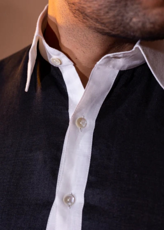 Pure Linen Constrast Collar Shirt- Black