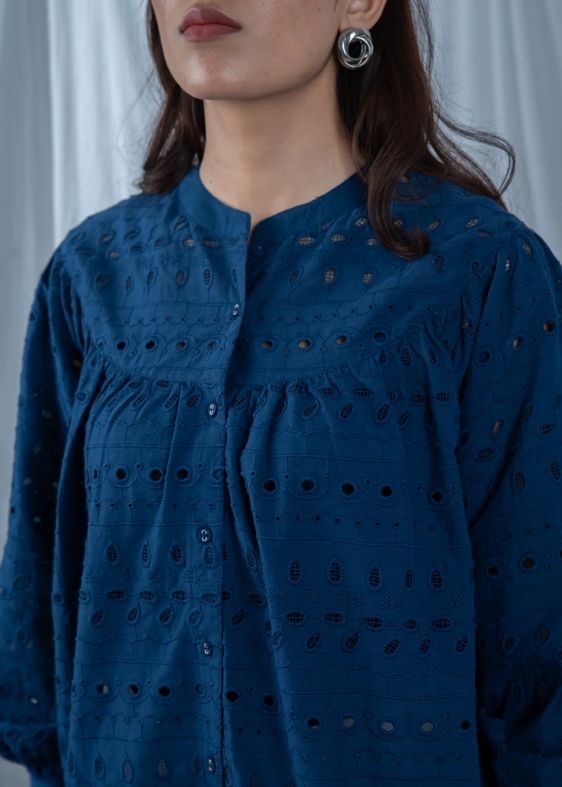 SS 2407 Navy Embroidered Cotton Top