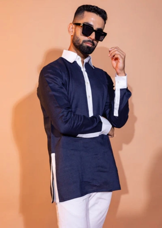 Pure Linen Constrast Collar Shirt- Navy
