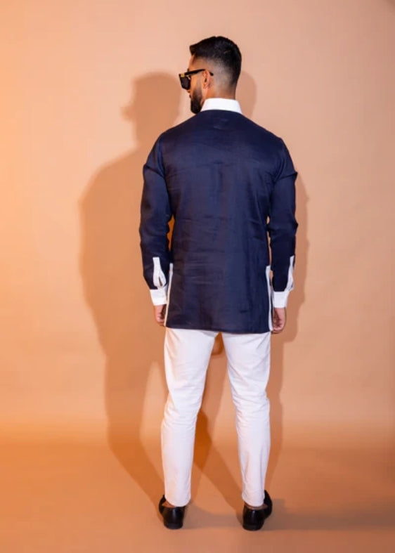 Pure Linen Constrast Collar Shirt- Navy