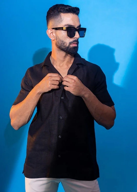 Pure Linen Half Sleeve Shirt-Black