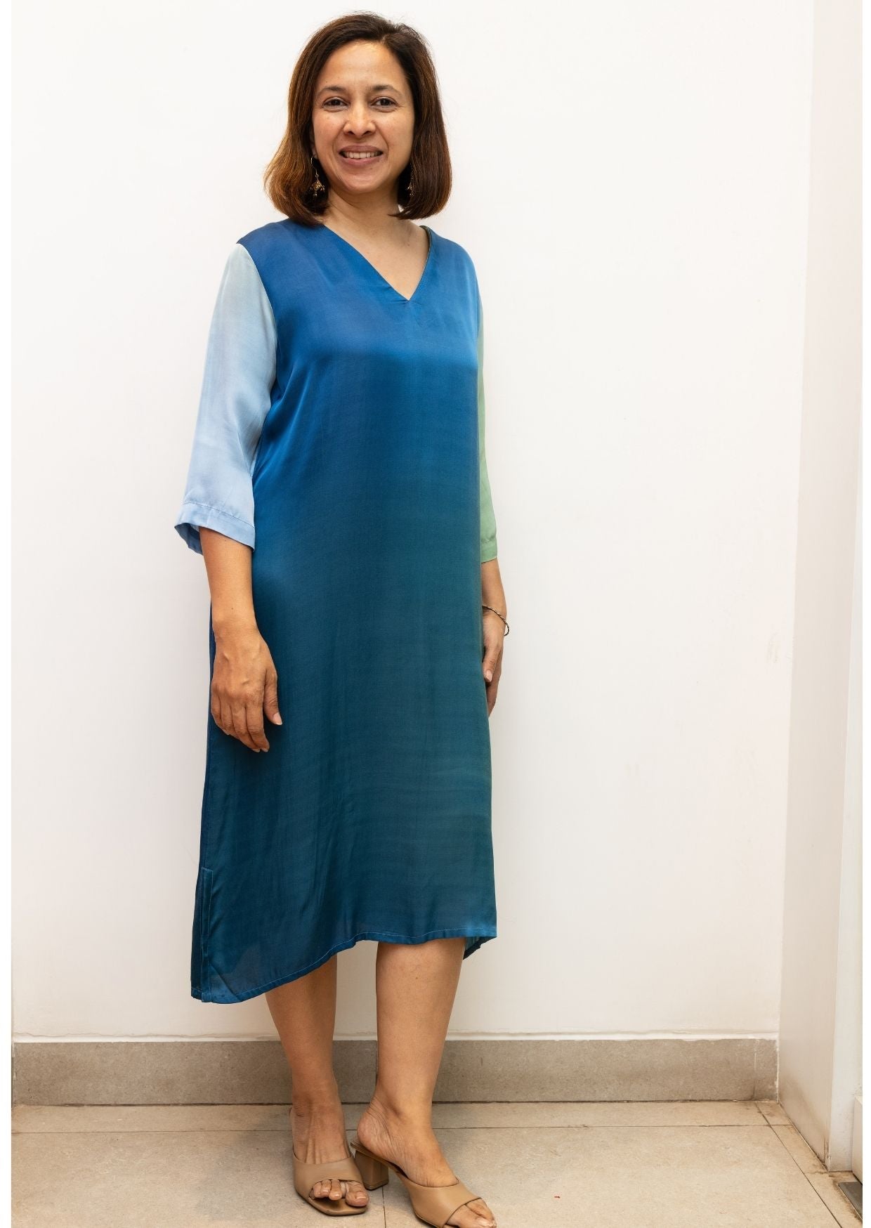 Blue V Neck Shaded Modal Silk Dress