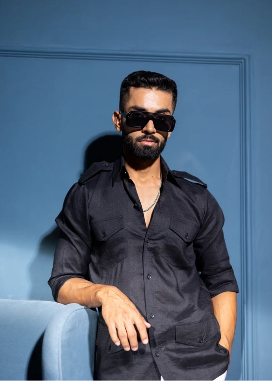 Pure Linen Four Pocket Hunter Shirt-Black