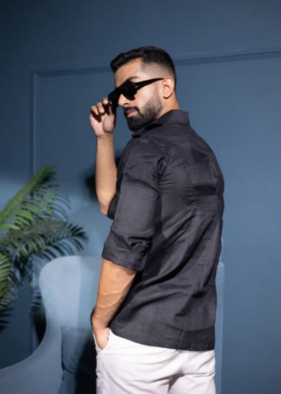 Pure Linen Four Pocket Hunter Shirt-Black