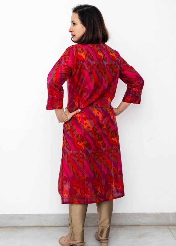 Red Chinese Collar Silk Long Kurta