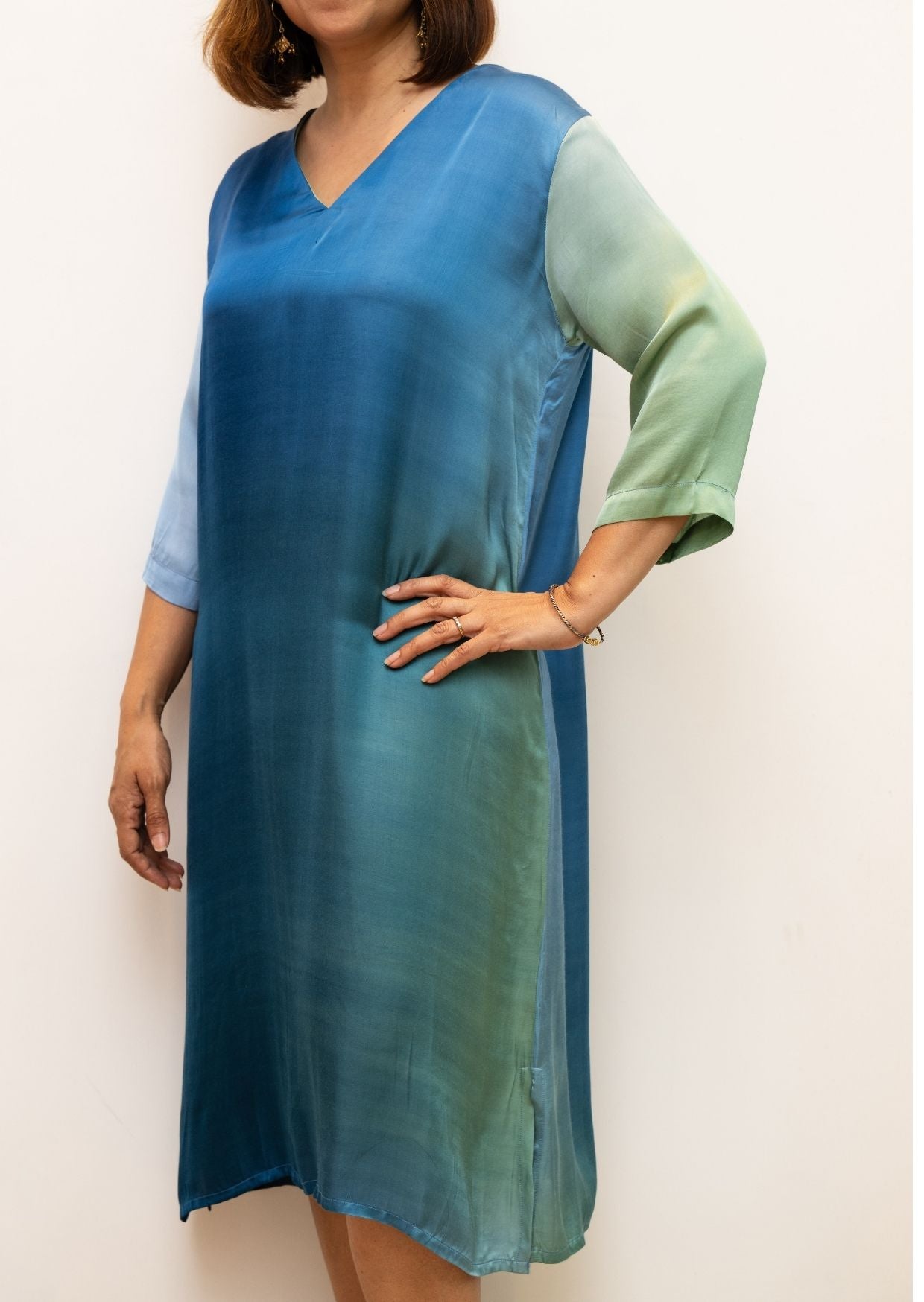 Blue V Neck Shaded Modal Silk Dress