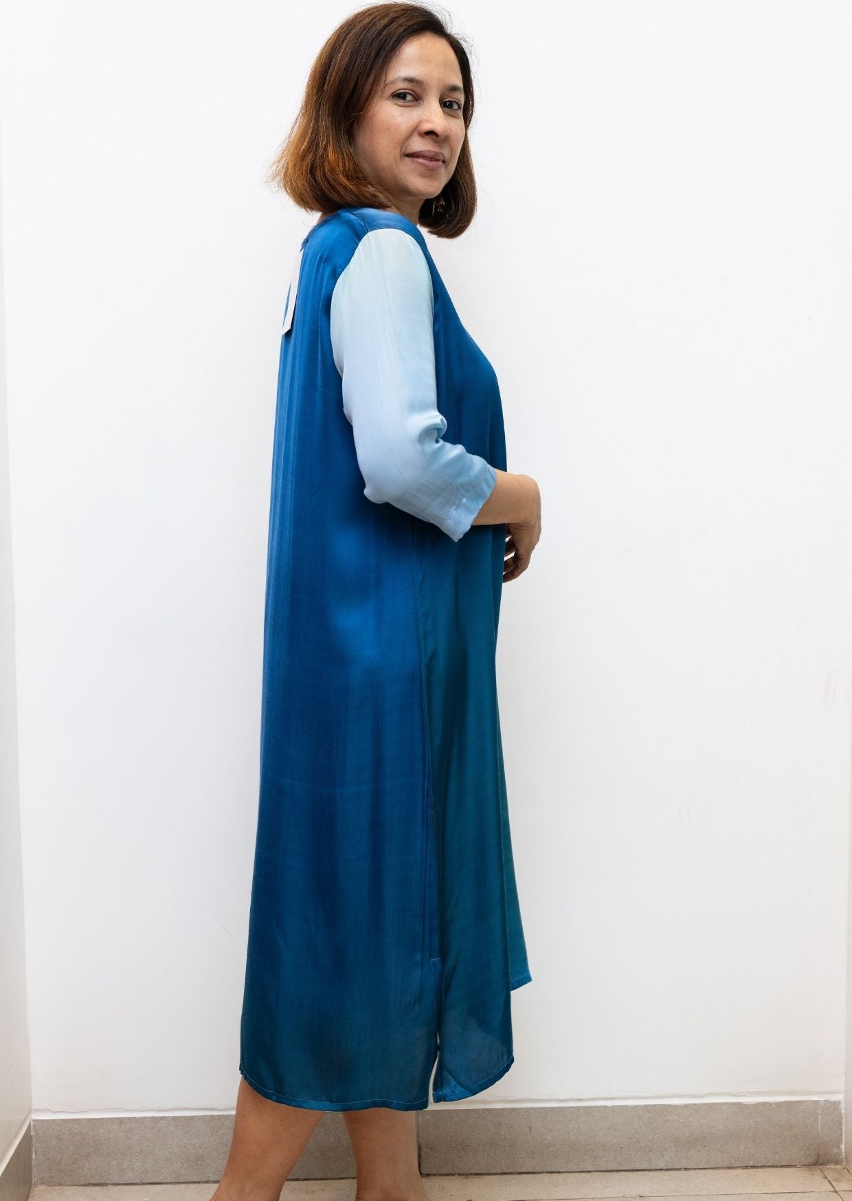 Blue V Neck Shaded Modal Silk Dress