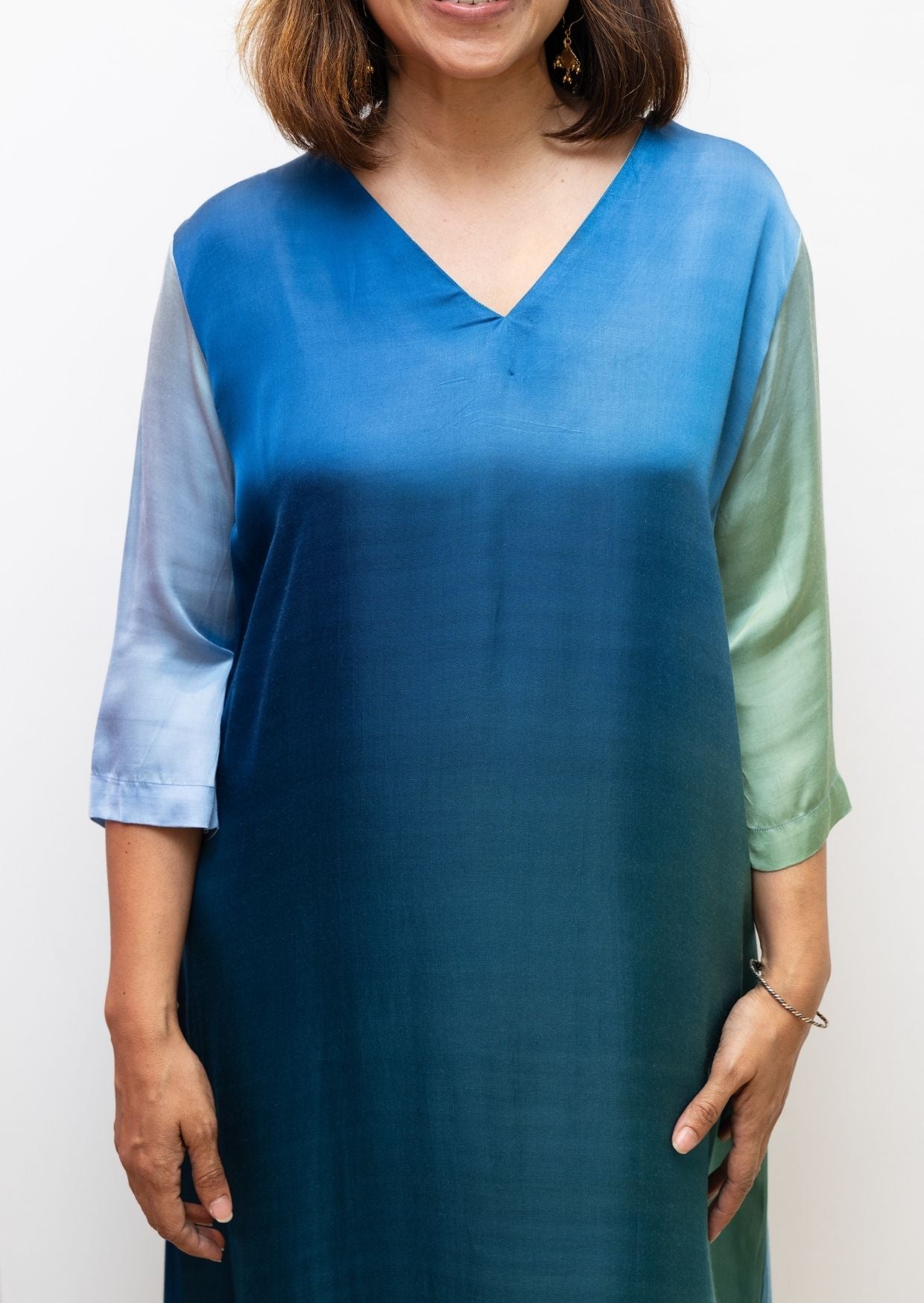 Blue V Neck Shaded Modal Silk Dress