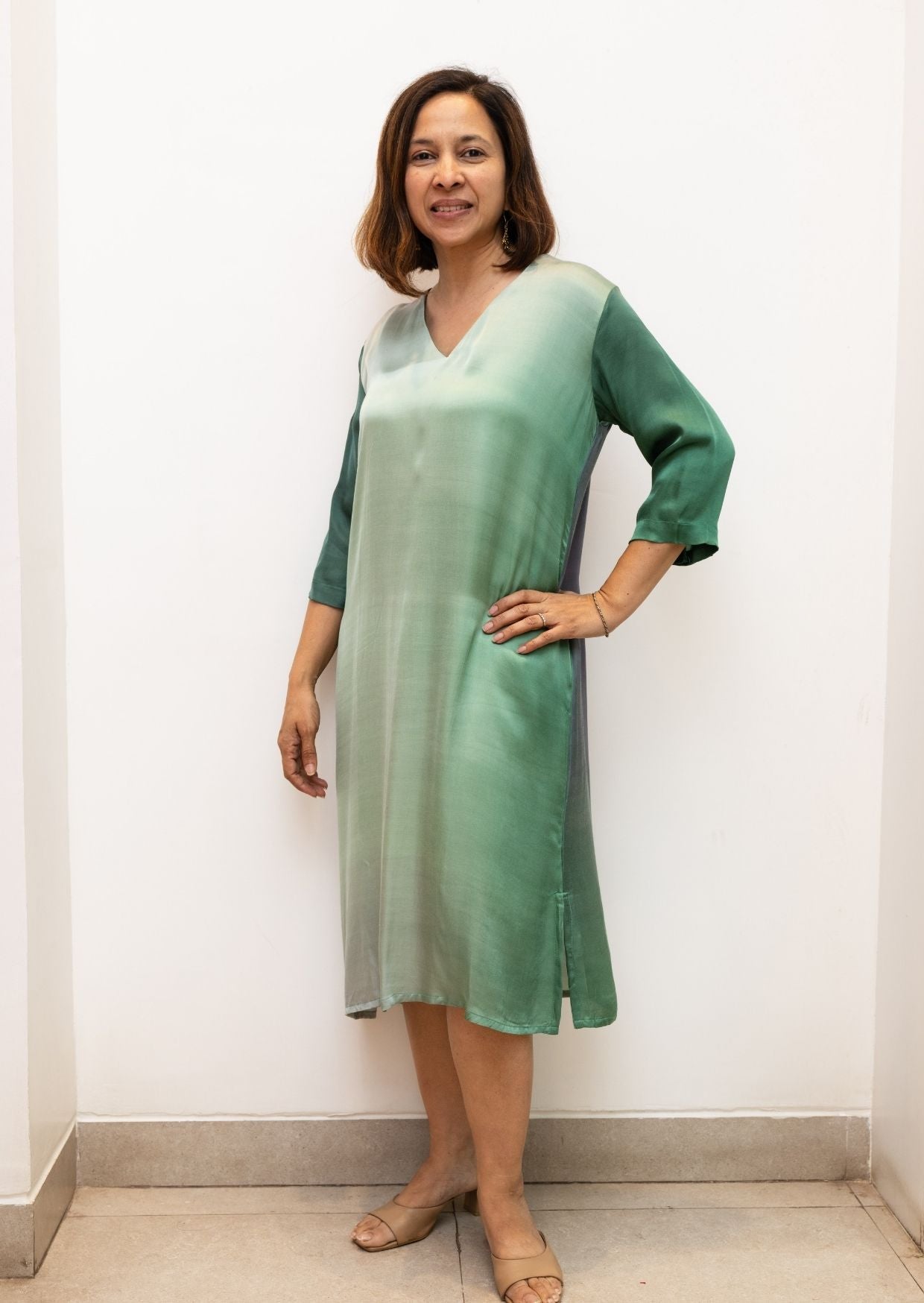 Green V Neck Shaded Modal Silk Dress