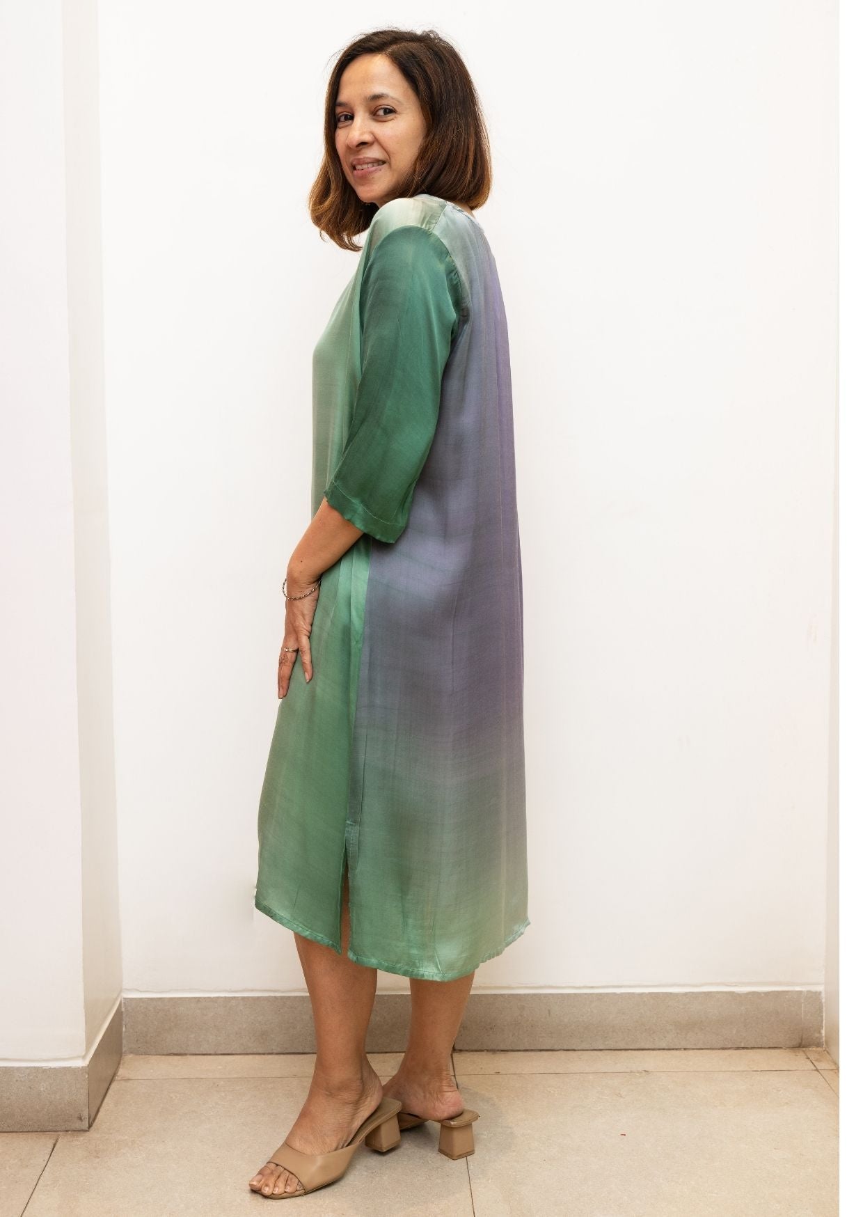 Green V Neck Shaded Modal Silk Dress
