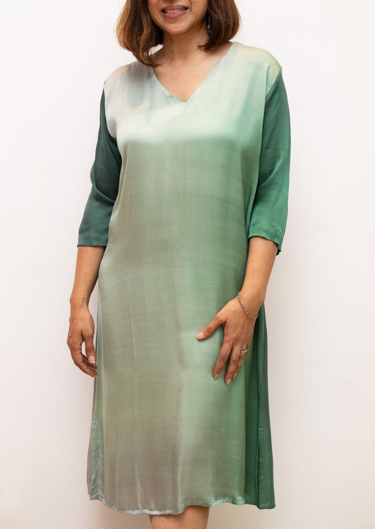 Green V Neck Shaded Modal Silk Dress