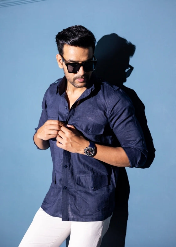 Pure Linen Four Pocket Hunter Shirt-Navy