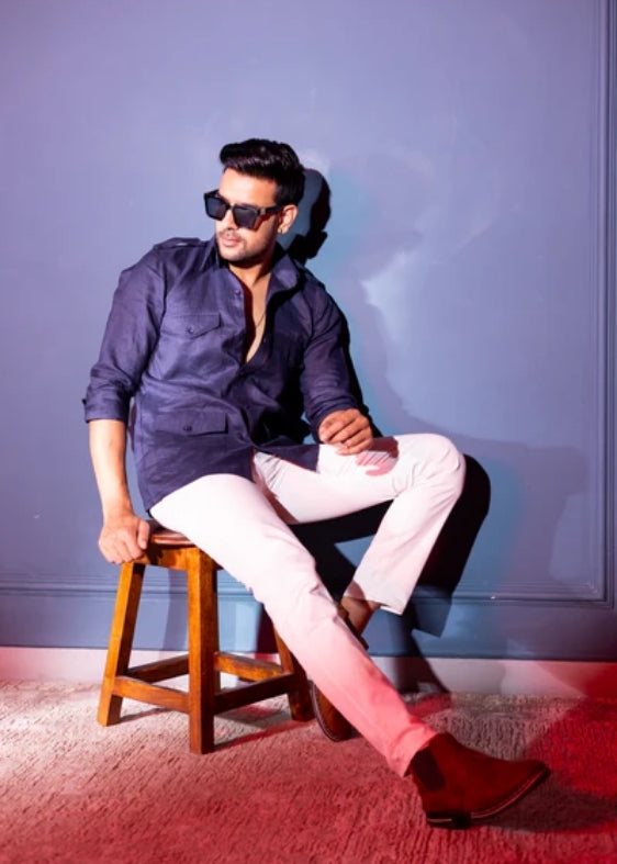 Pure Linen Four Pocket Hunter Shirt-Navy