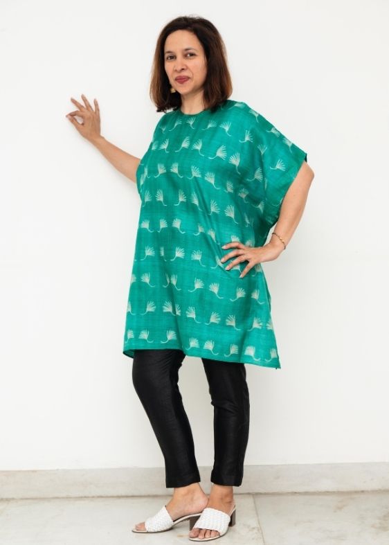 Green Shibori Tussar Silk Kaftan