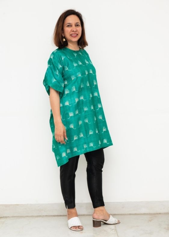 Green Shibori Tussar Silk Kaftan
