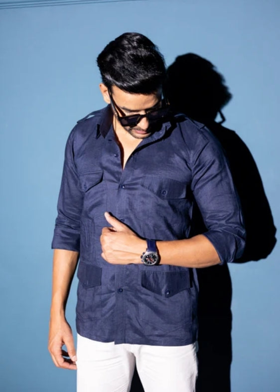 Pure Linen Four Pocket Hunter Shirt-Navy