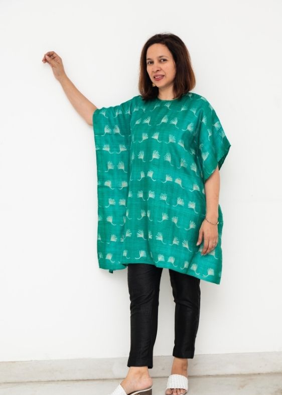 Green Shibori Tussar Silk Kaftan