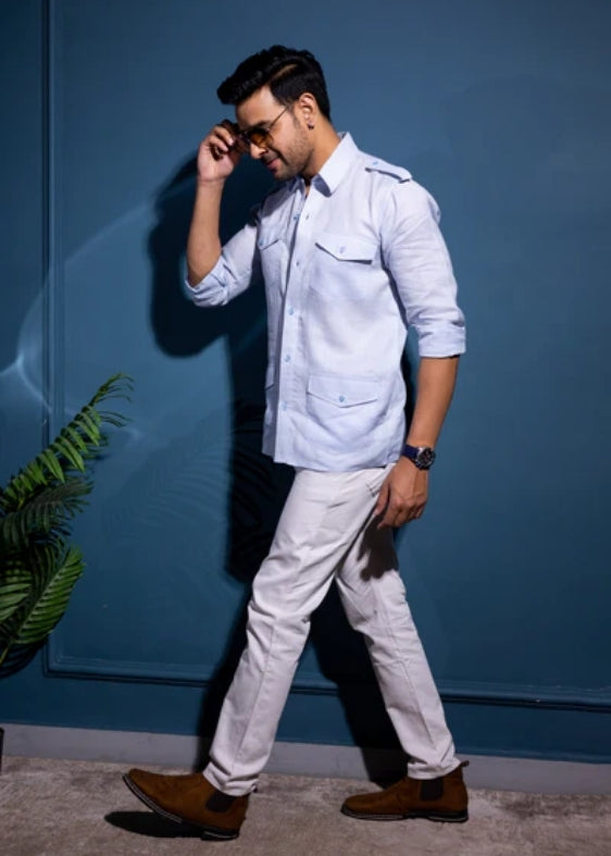 Pure Linen Four Pocket Hunter Shirt-Light Blue
