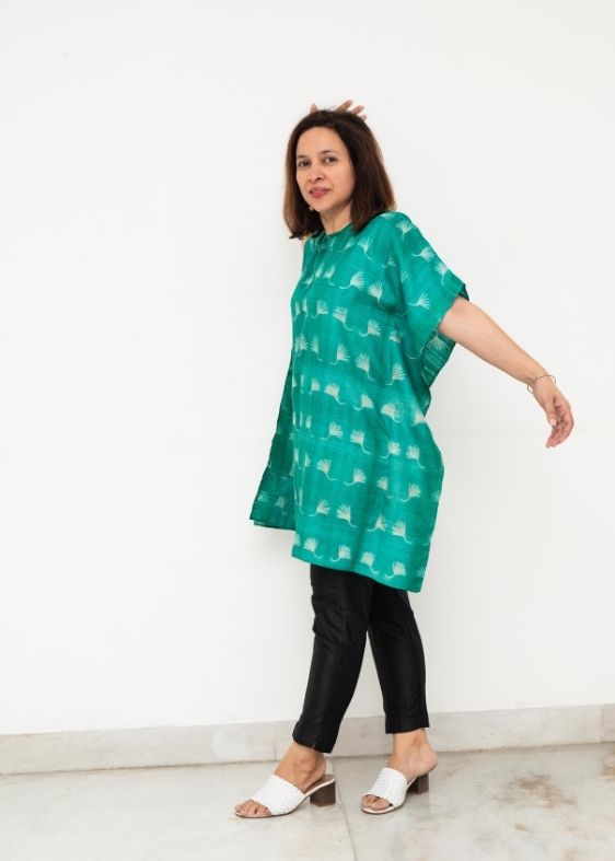 Green Shibori Tussar Silk Kaftan